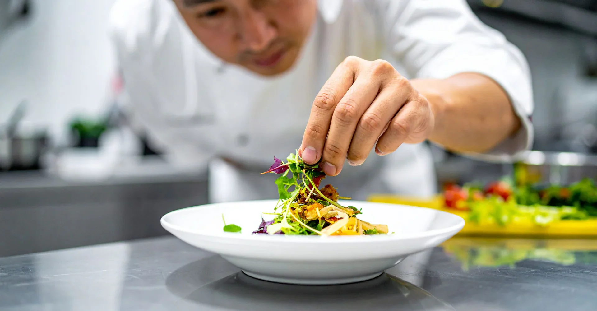 A chef in a bright Montreal kitchen garnishing a white dish with Casa Verde microgreens